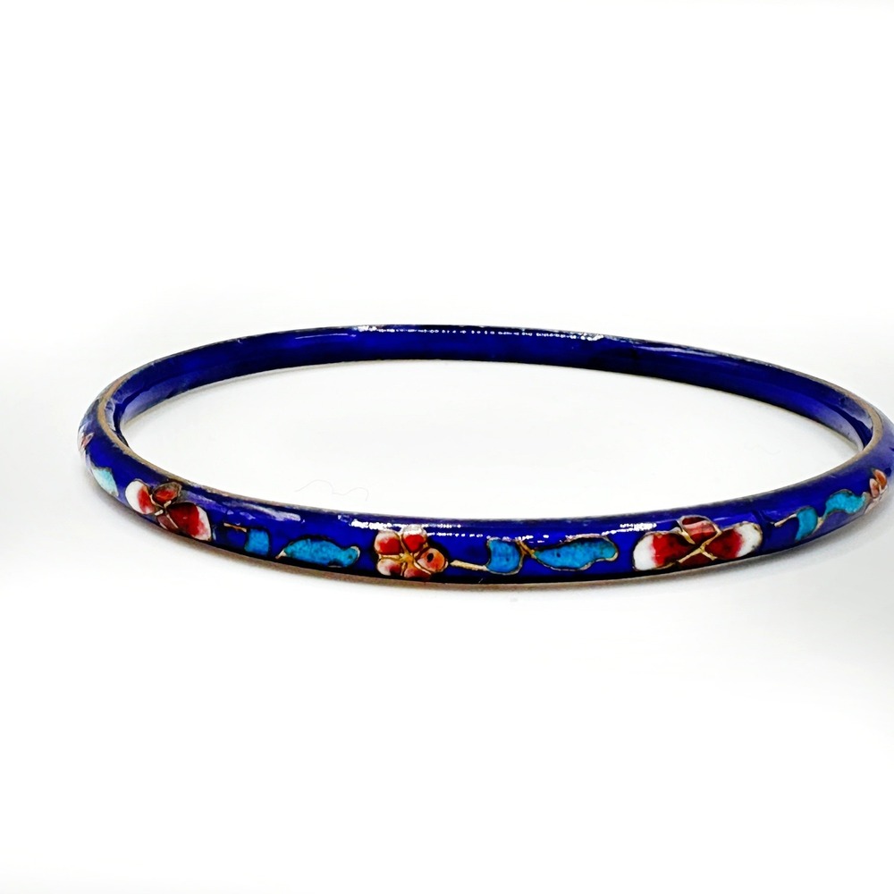 Cloisonné Cobalt Blue Bangle Bracelet Vintage Floral‎ Enamel 2.625 Sz 8